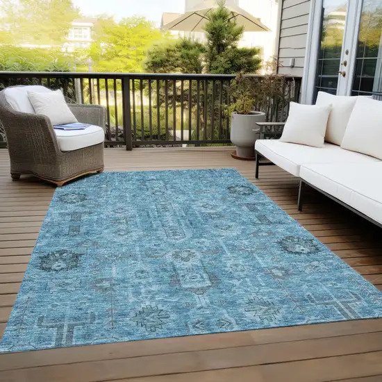 Sky Blue And Gray Oriental Washable Indoor Outdoor Area Rug Photo 9