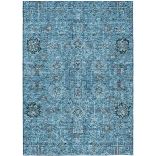 Sky Blue And Gray Oriental Washable Indoor Outdoor Area Rug Photo 1