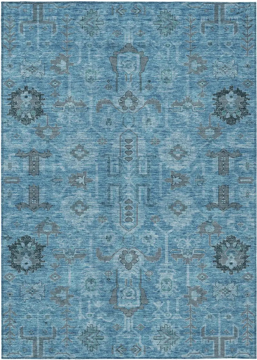 Sky Blue And Gray Oriental Washable Indoor Outdoor Area Rug Photo 1