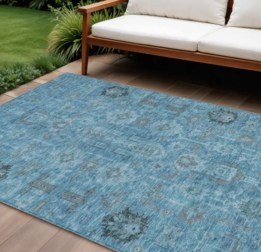 Sky Blue And Gray Oriental Washable Indoor Outdoor Area Rug Photo 1