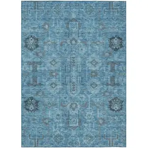 Photo of Sky Blue And Gray Oriental Washable Indoor Outdoor Area Rug