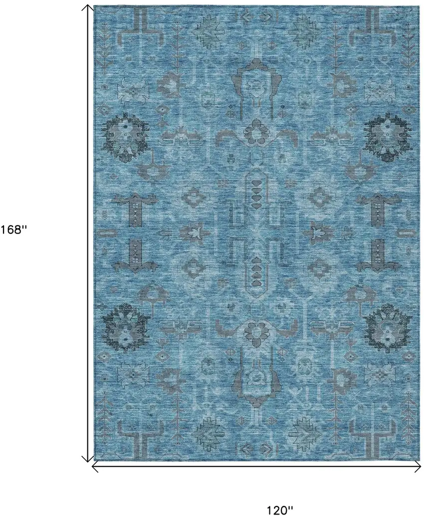 Sky Blue And Gray Oriental Washable Indoor Outdoor Area Rug Photo 3