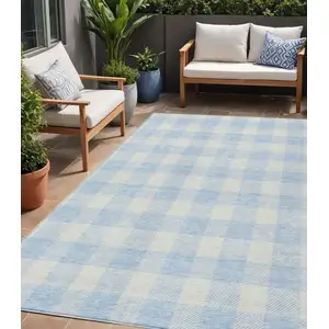 Photo of Sky Blue And Gray Plaid Washable Indoor Outdoor Area Rug
