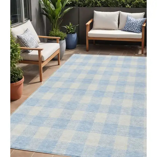 Sky Blue And Gray Plaid Washable Indoor Outdoor Area Rug Photo 1