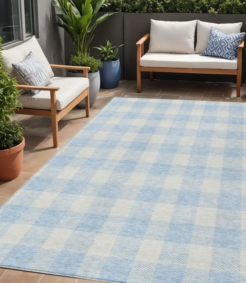 Sky Blue And Gray Plaid Washable Indoor Outdoor Area Rug Photo 1