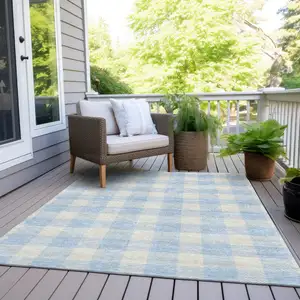 Photo of Sky Blue And Gray Plaid Washable Indoor Outdoor Area Rug
