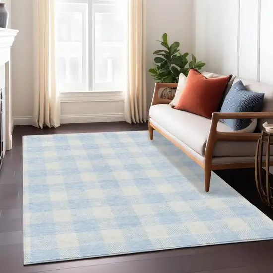 Sky Blue And Gray Plaid Washable Indoor Outdoor Area Rug Photo 9