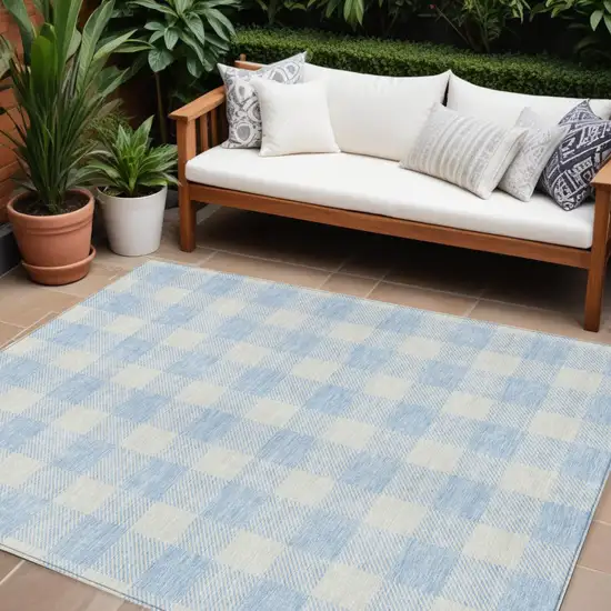 Sky Blue And Gray Plaid Washable Indoor Outdoor Area Rug Photo 1