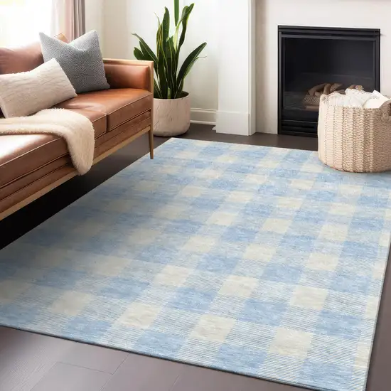Sky Blue And Gray Plaid Washable Indoor Outdoor Area Rug Photo 9