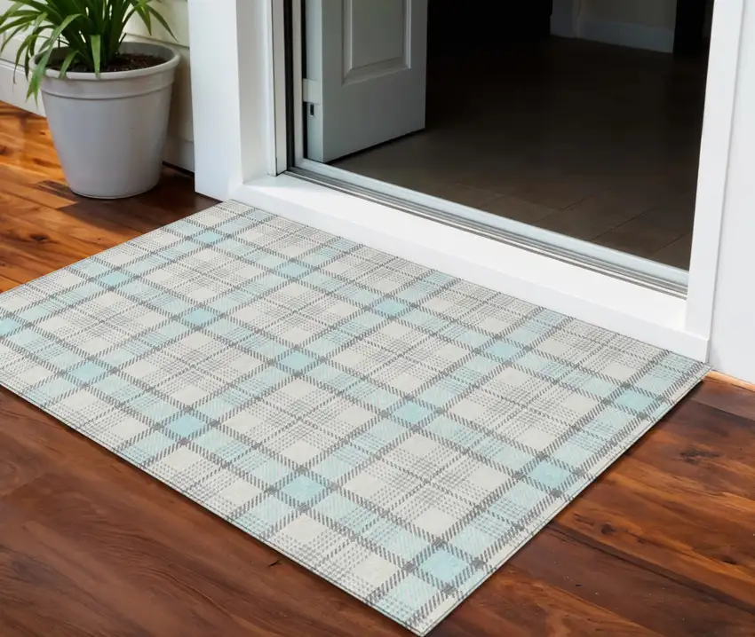 Sky Blue And Gray Plaid Washable Indoor Outdoor Area Rug Photo 1