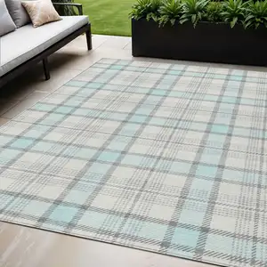 Photo of Sky Blue And Gray Plaid Washable Indoor Outdoor Area Rug