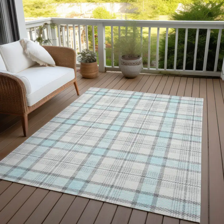 Sky Blue And Gray Plaid Washable Indoor Outdoor Area Rug Photo 6