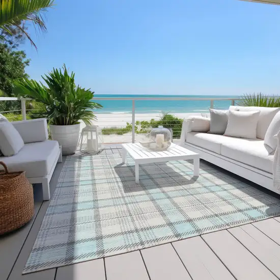 Sky Blue And Gray Plaid Washable Indoor Outdoor Area Rug Photo 9