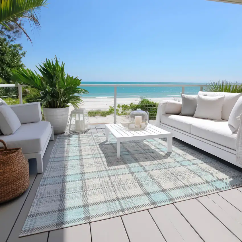 Sky Blue And Gray Plaid Washable Indoor Outdoor Area Rug Photo 9