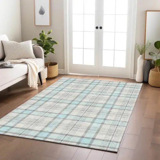 Sky Blue And Gray Plaid Washable Indoor Outdoor Area Rug Photo 8