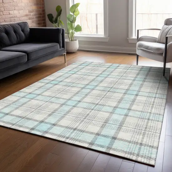 Sky Blue And Gray Plaid Washable Indoor Outdoor Area Rug Photo 7