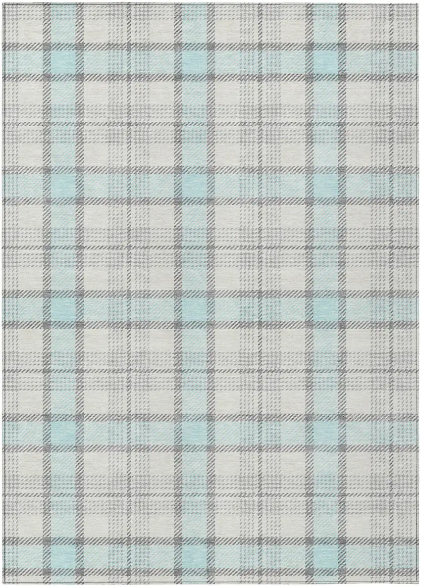 Sky Blue And Gray Plaid Washable Indoor Outdoor Area Rug Photo 2