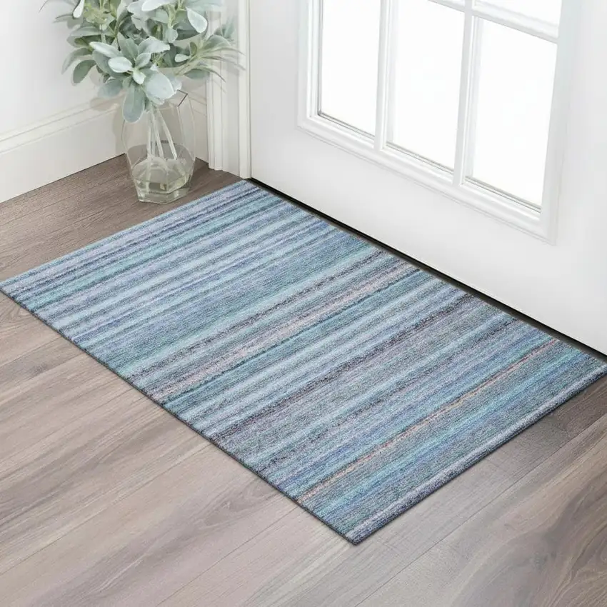 Sky Blue And Gray Striped Washable Area Rug With UV Protection Photo 1