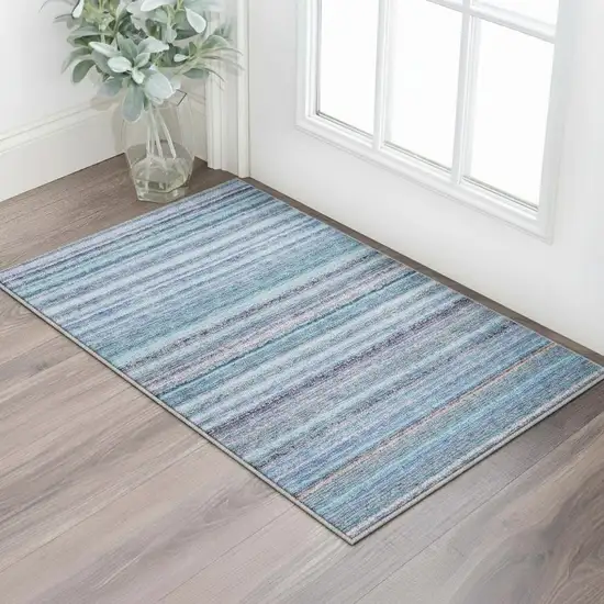 Sky Blue And Gray Striped Washable Area Rug With UV Protection Photo 1