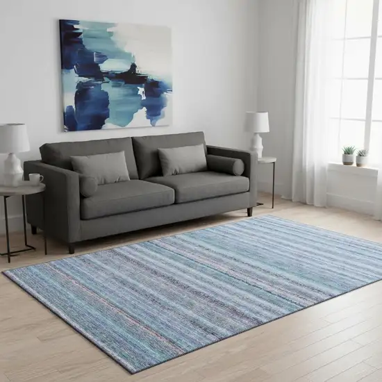 Sky Blue And Gray Striped Washable Area Rug With UV Protection Photo 2
