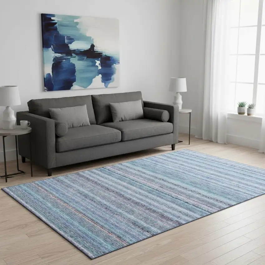 Sky Blue And Gray Striped Washable Area Rug With UV Protection Photo 2
