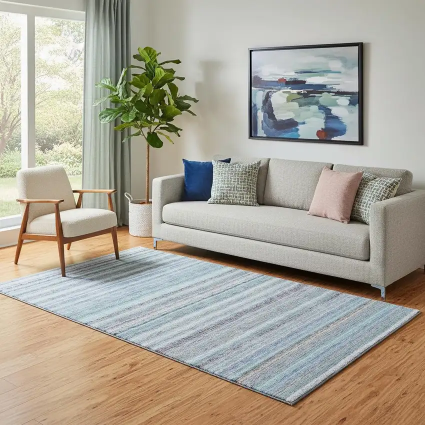 Sky Blue And Gray Striped Washable Area Rug With UV Protection Photo 2