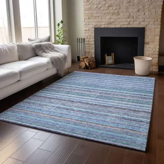 Sky Blue And Gray Striped Washable Area Rug With UV Protection Photo 6