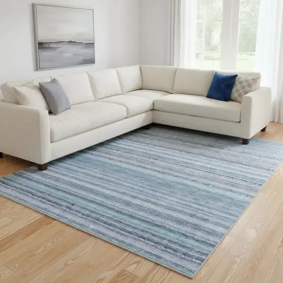Sky Blue And Gray Striped Washable Area Rug With UV Protection Photo 1