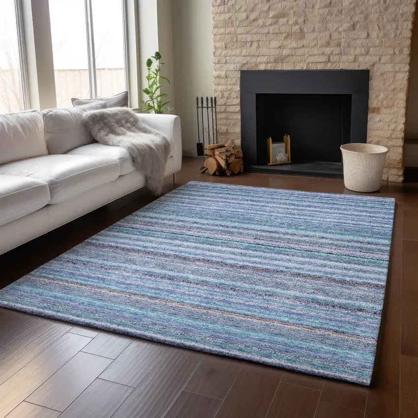 Sky Blue And Gray Striped Washable Area Rug With UV Protection Photo 6