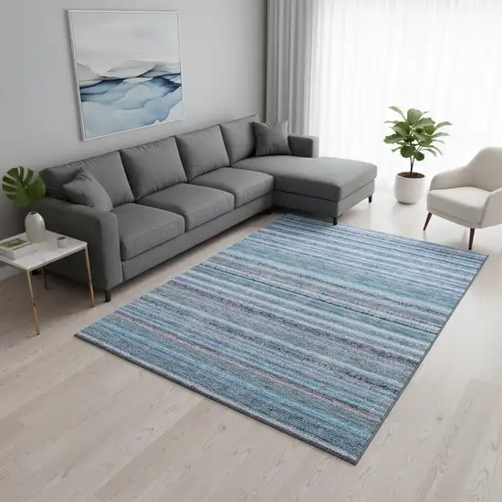 Sky Blue And Gray Striped Washable Area Rug With UV Protection Photo 2