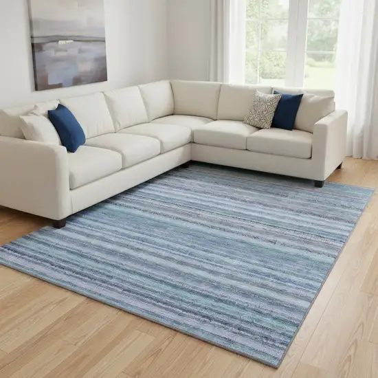 Sky Blue And Gray Striped Washable Area Rug With UV Protection Photo 1