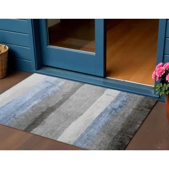 Sky Blue And Gray Striped Washable Indoor Outdoor Area Rug Photo 2