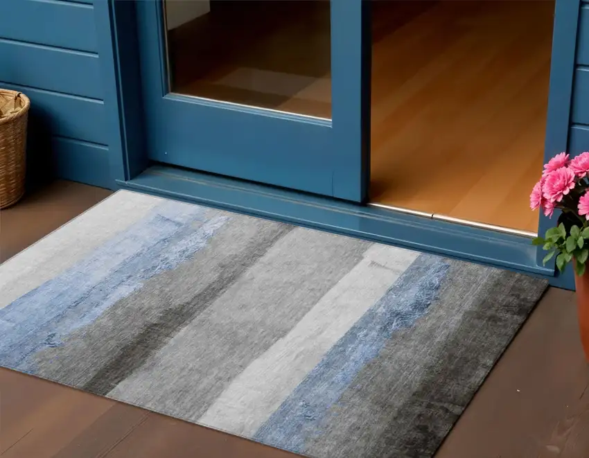 Sky Blue And Gray Striped Washable Indoor Outdoor Area Rug Photo 2