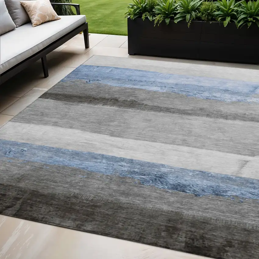Sky Blue And Gray Striped Washable Indoor Outdoor Area Rug Photo 2