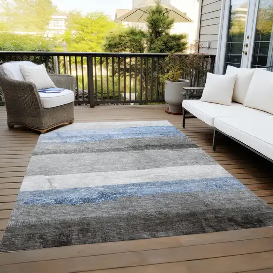 Sky Blue And Gray Striped Washable Indoor Outdoor Area Rug Photo 7