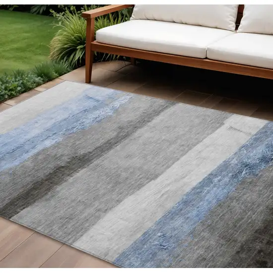 Sky Blue And Gray Striped Washable Indoor Outdoor Area Rug Photo 2