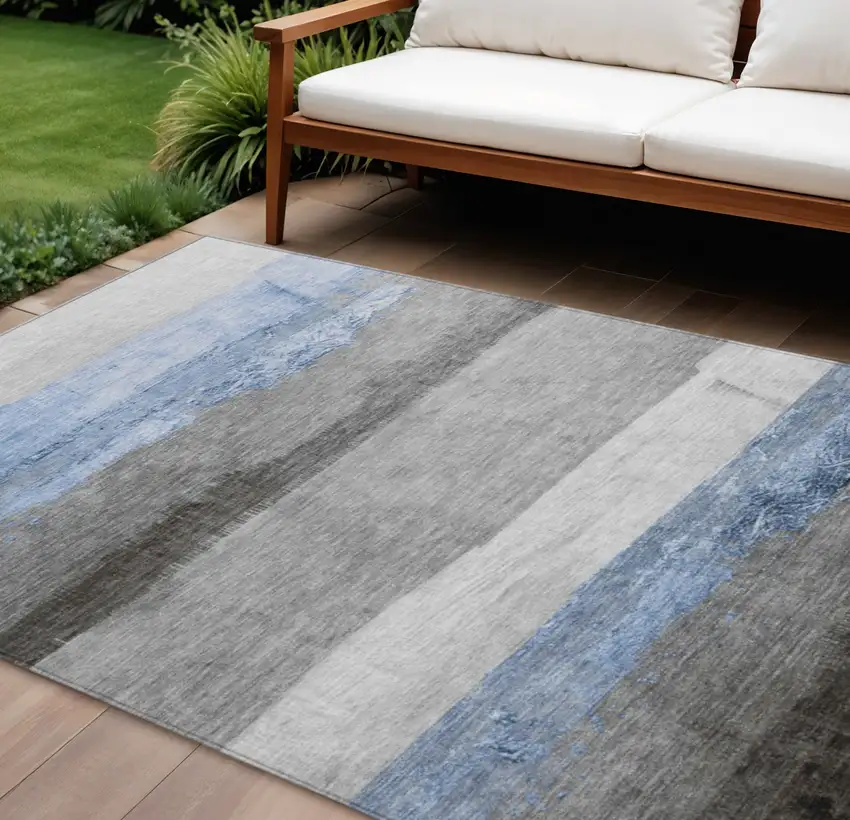 Sky Blue And Gray Striped Washable Indoor Outdoor Area Rug Photo 2