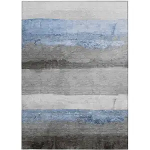 Photo of Sky Blue And Gray Striped Washable Indoor Outdoor Area Rug