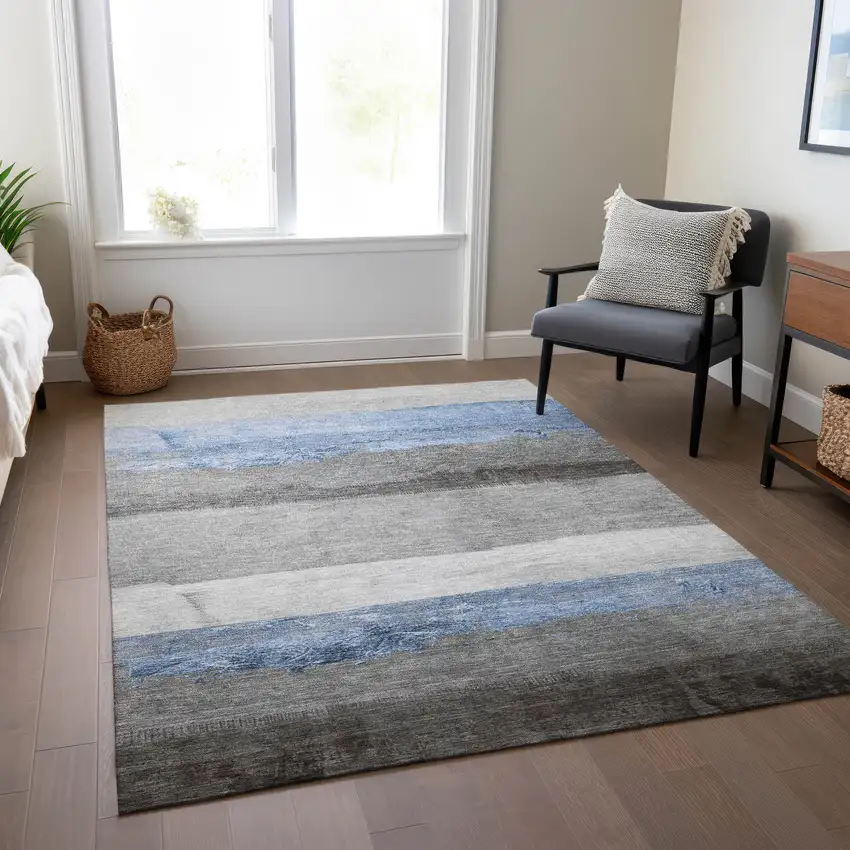 Sky Blue And Gray Striped Washable Indoor Outdoor Area Rug Photo 7