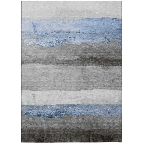 Sky Blue And Gray Striped Washable Indoor Outdoor Area Rug Photo 1