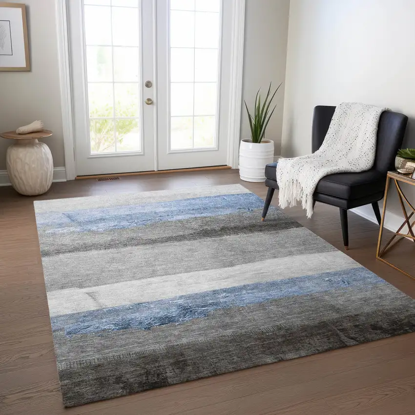Sky Blue And Gray Striped Washable Indoor Outdoor Area Rug Photo 6