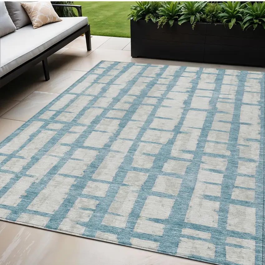 Sky Blue And Gray Striped Washable Indoor Outdoor Area Rug Photo 1