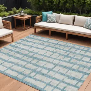 Photo of Sky Blue And Gray Striped Washable Indoor Outdoor Area Rug