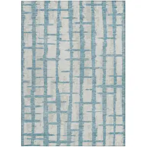 Photo of Sky Blue And Gray Striped Washable Indoor Outdoor Area Rug