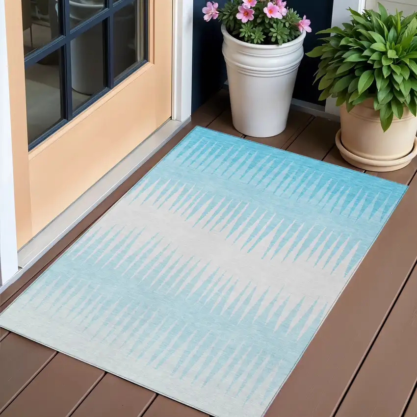 Sky Blue And Gray Striped Washable Indoor Outdoor Area Rug Photo 1