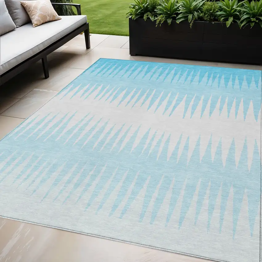 Sky Blue And Gray Striped Washable Indoor Outdoor Area Rug Photo 1