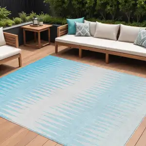 Photo of Sky Blue And Gray Striped Washable Indoor Outdoor Area Rug