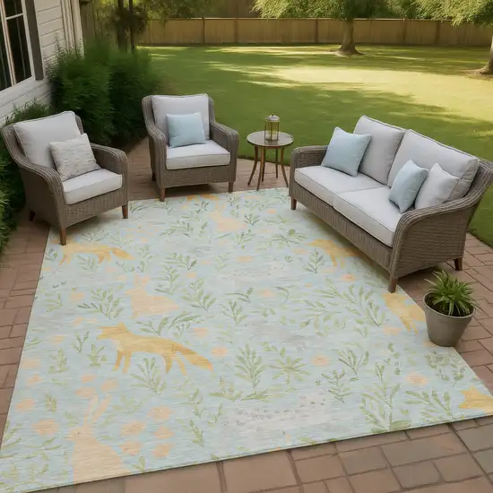 Sky Blue And Green Botanical Leaves Washable Indoor Outdoor Area Rug Photo 4