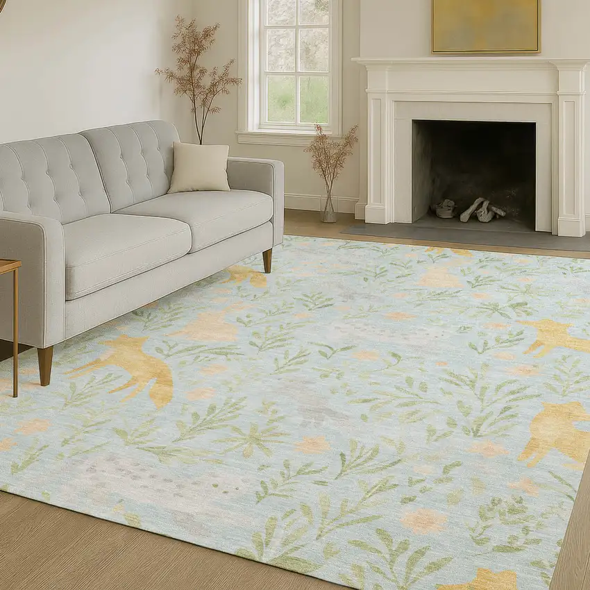 Sky Blue And Green Botanical Leaves Washable Indoor Outdoor Area Rug Photo 6