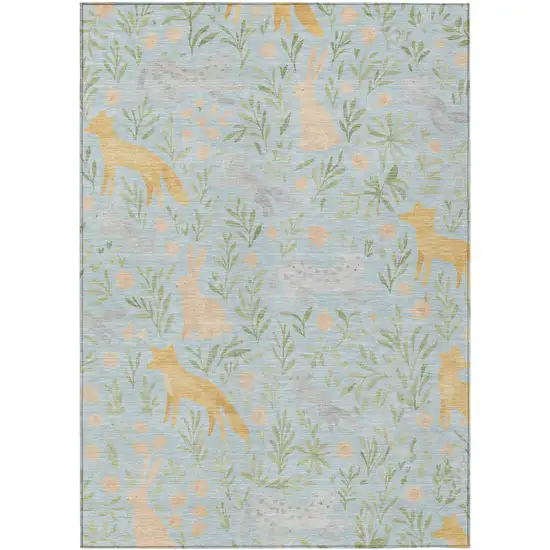 Sky Blue And Green Botanical Leaves Washable Indoor Outdoor Area Rug Photo 1